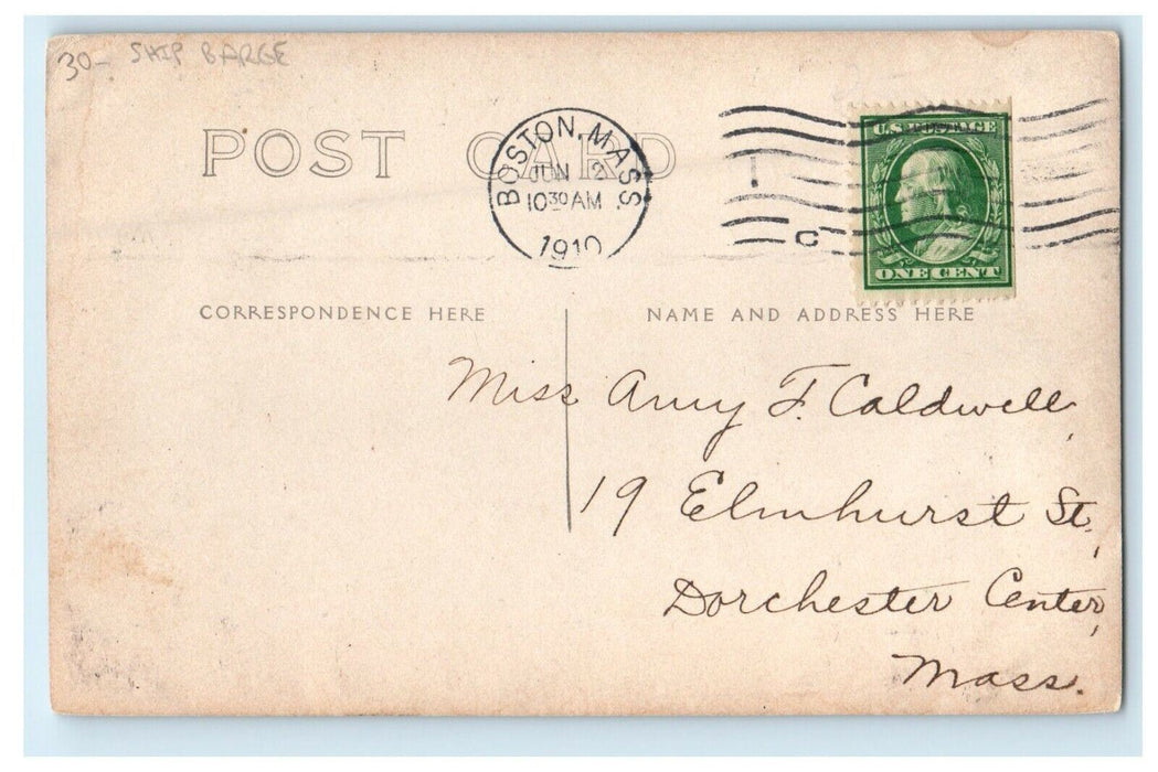 1910 Ship Barge Lake Boston Massachusetts MA RPPC Photo Posted Antique Postcard