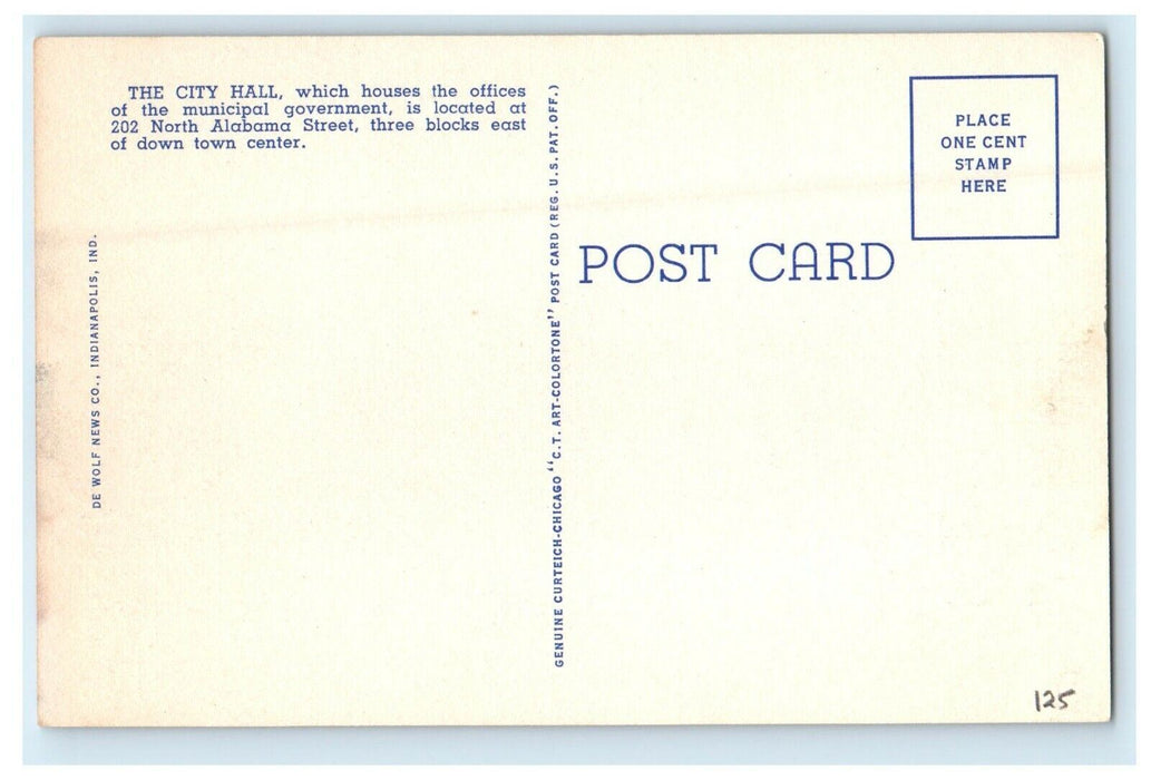 c1940's Indianapolis IN, City Hall Building Street View Unposted Postcard