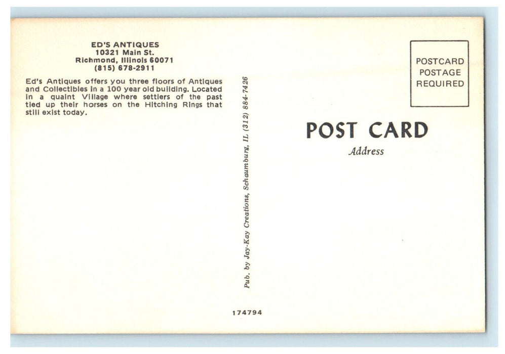 c1950s Ed's Antique Main Street Richmond Illinois IL Unposted Postcard