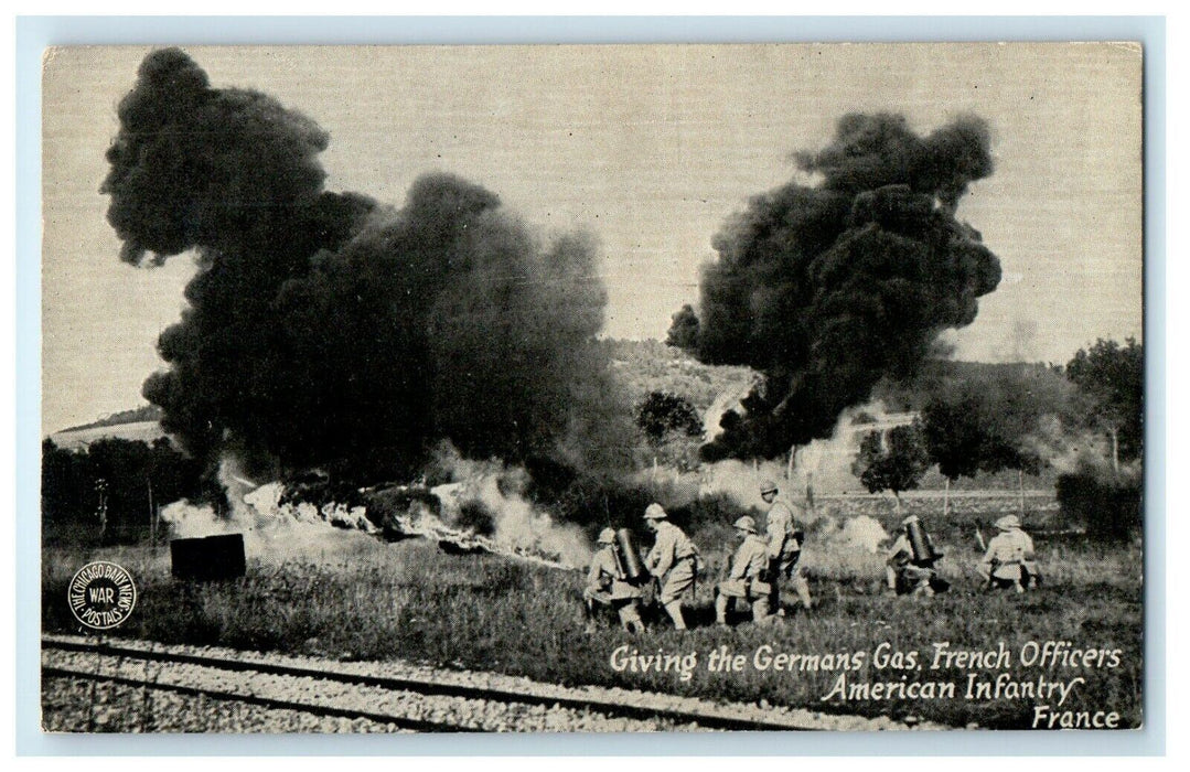 Giving The Germans Gas French Officers American Infantry France WWI Postcard