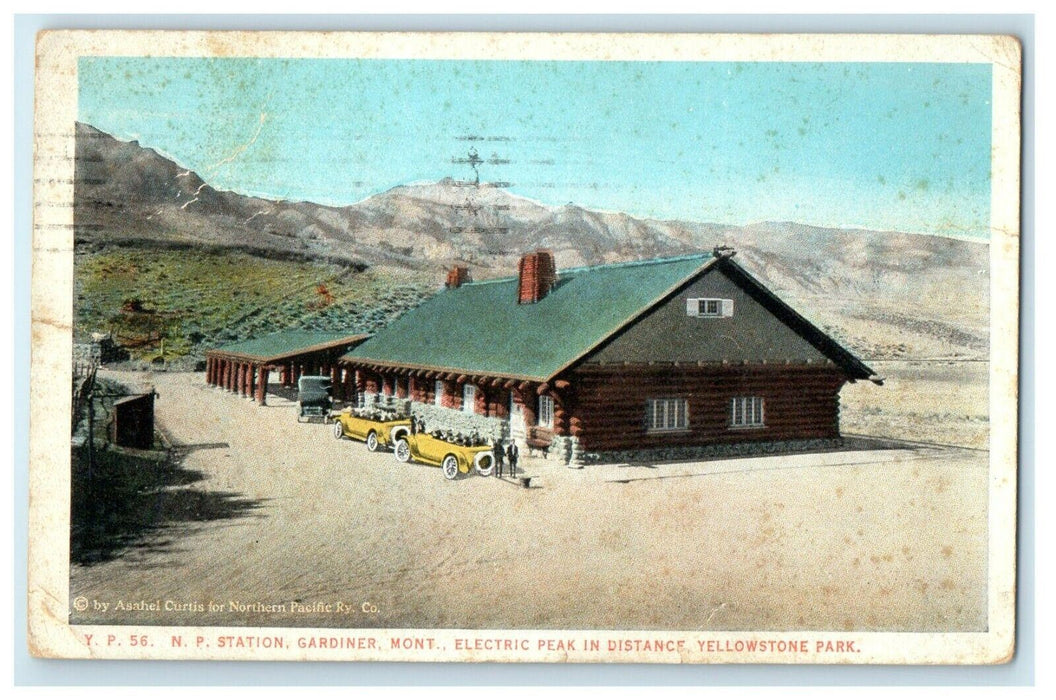 1934 N.P Station Gardiner Mont. Electric Peak Yellowstone Park Wyoming Postcard