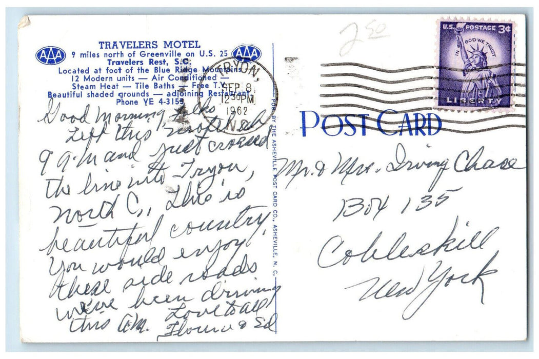 1962 Travelers Motel Travelers Rest, South Carolina SC Vintage Postcard