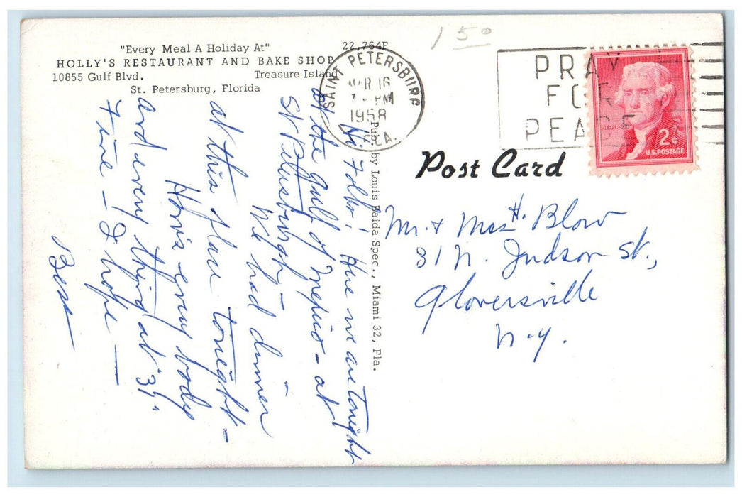 1958 Holly's Of Treasure Island Restaurant & Bake Shop St Petersburg FL Postcard