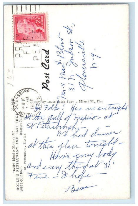 1958 Holly's Of Treasure Island Restaurant & Bake Shop St Petersburg FL Postcard