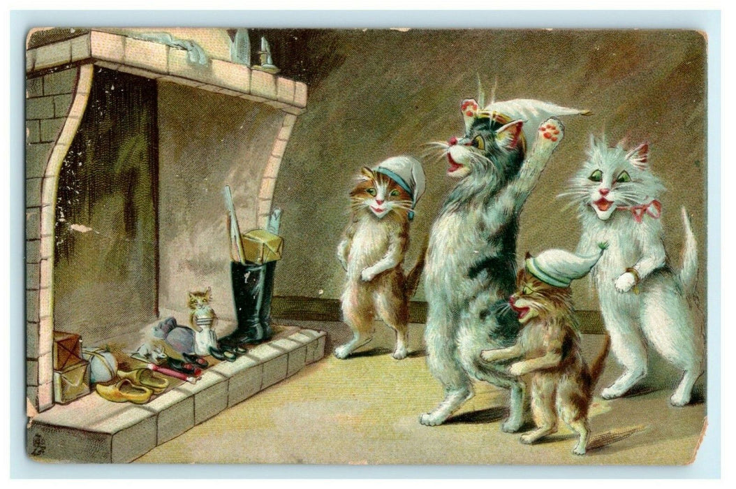 Tuck's Cats Surprised by Santa Coming Down Chimney Christmas c1910 Postcard