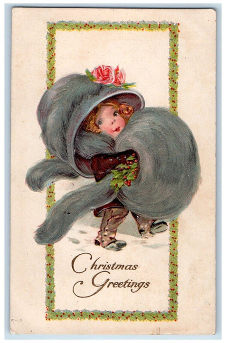 1913 Christmas Greetings Little Girl Fur Warmer Winsch Back Hadley PA Postcard