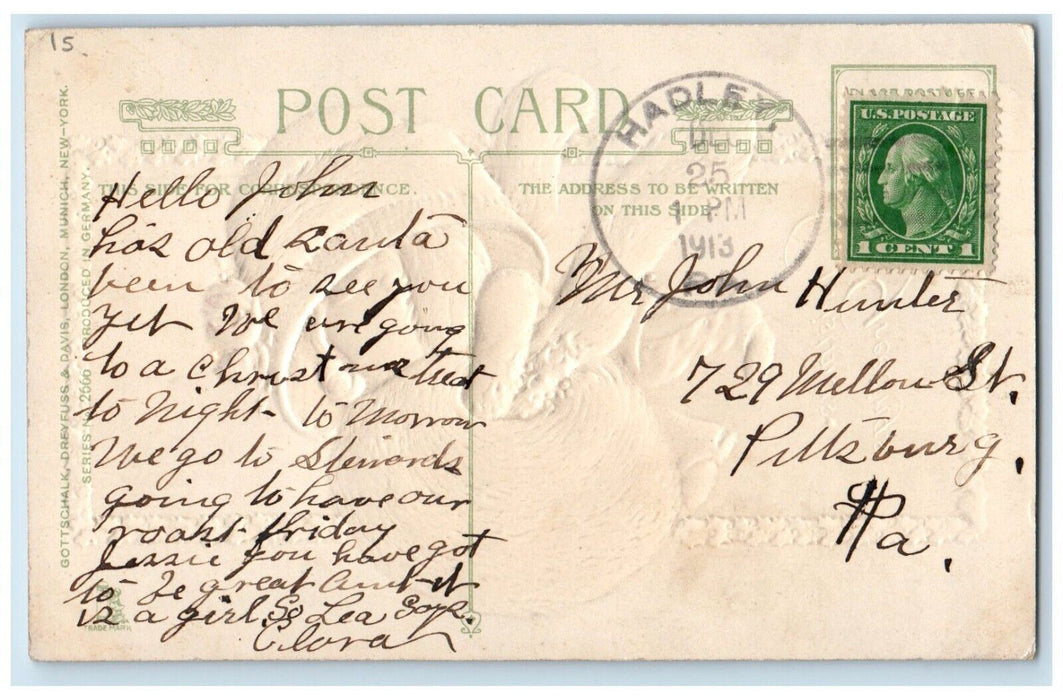 1913 Christmas Greetings Little Girl Fur Warmer Winsch Back Hadley PA Postcard