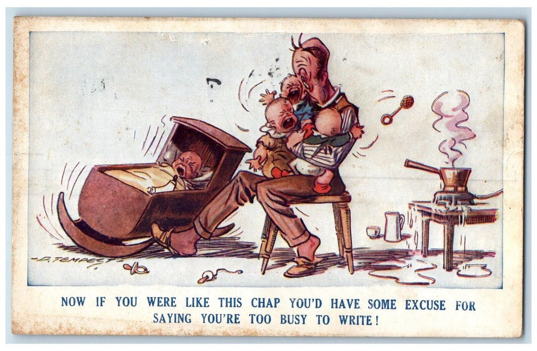 1935 Grandfather Taking Care Babies Crying While Cooking Humor Antique Postcard