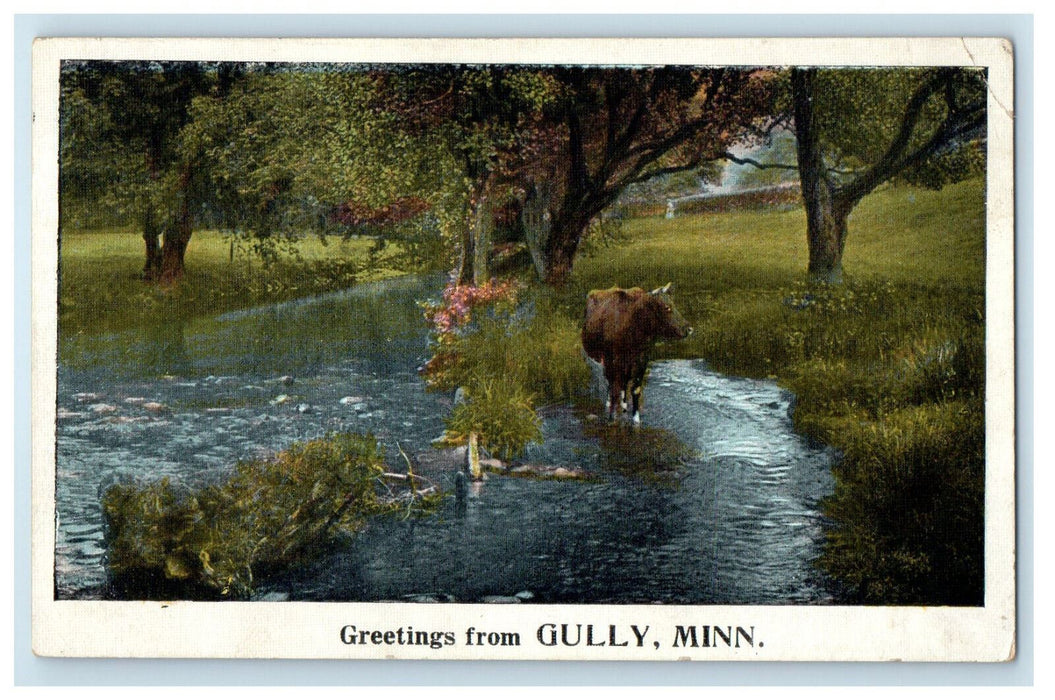 1925 Cow and Grass Scene, Greetings from Gully Minnesota MN Vintage Postcard