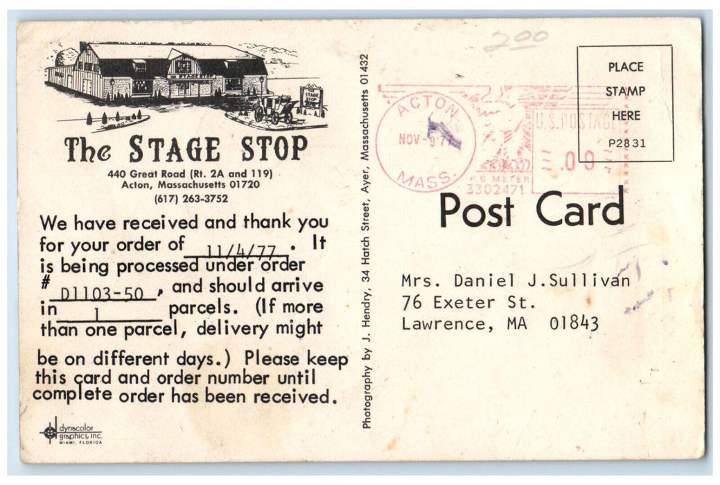 1977 The Stage Stop Great Road Acton Massachusetts MA Vintage Postcard