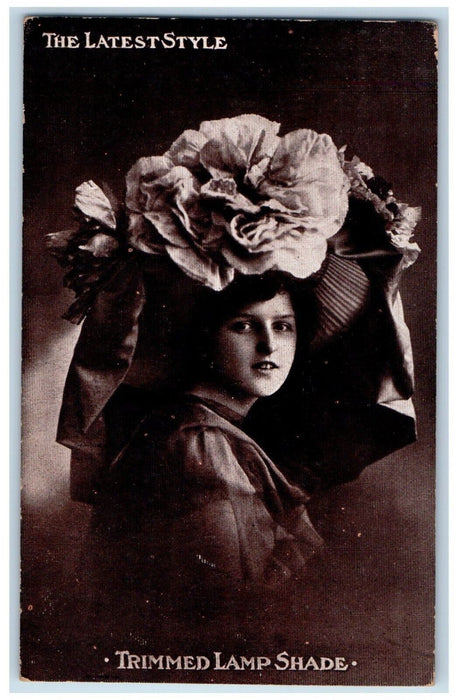 1909 Trimmed Lamp Shade Pretty Girl Big Hat Studio Portrait Humor Postcard