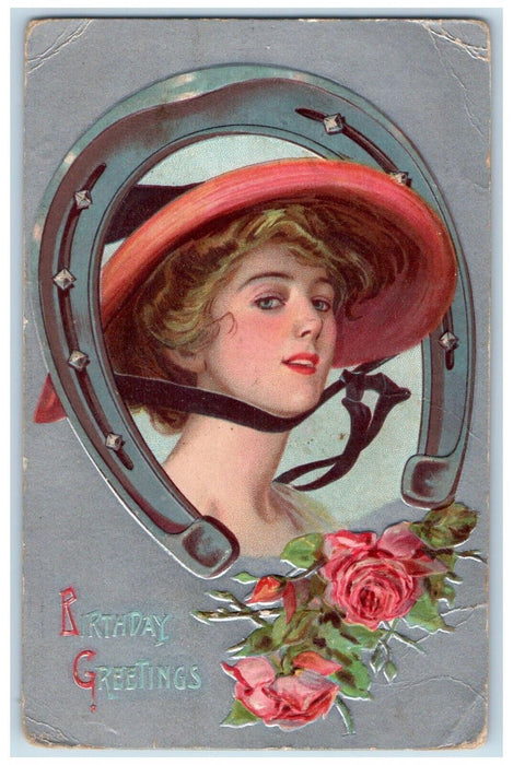 c1910's Birthday Greetings Beautiful Girl Horseshoe Flowers Embossed Postcard