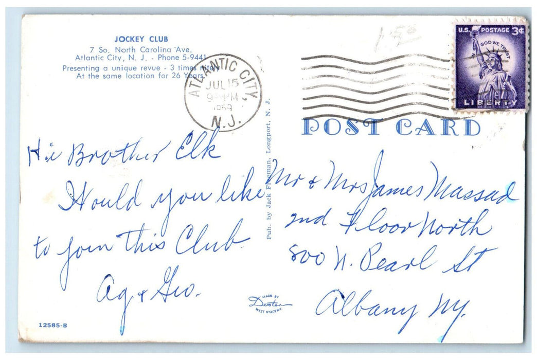 1959 Jockey Club, North Carolina Avenue, Atlantic City New Jersey NJ Postcard