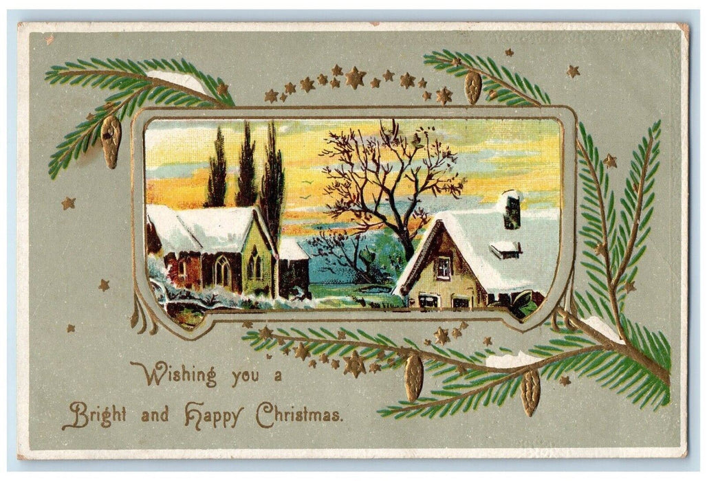 c1910's Happy Christmas Pine Cone House Roof Covered Snow Embossed Postcard