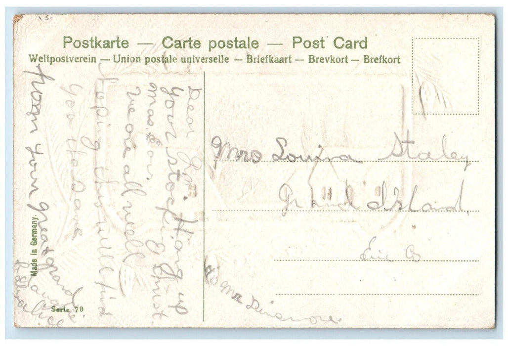 c1910's Happy Christmas Pine Cone House Roof Covered Snow Embossed Postcard