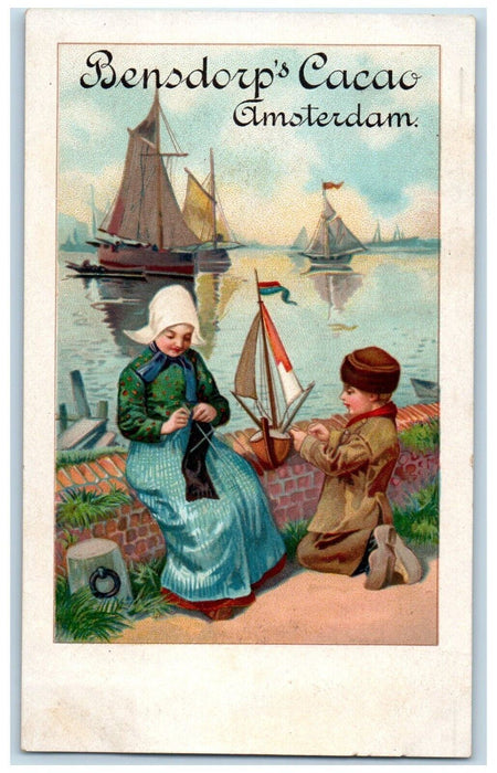 c1900 Mother And Son Making A Boat Bensdorp's Cacao Amsterdam Antique Postcard