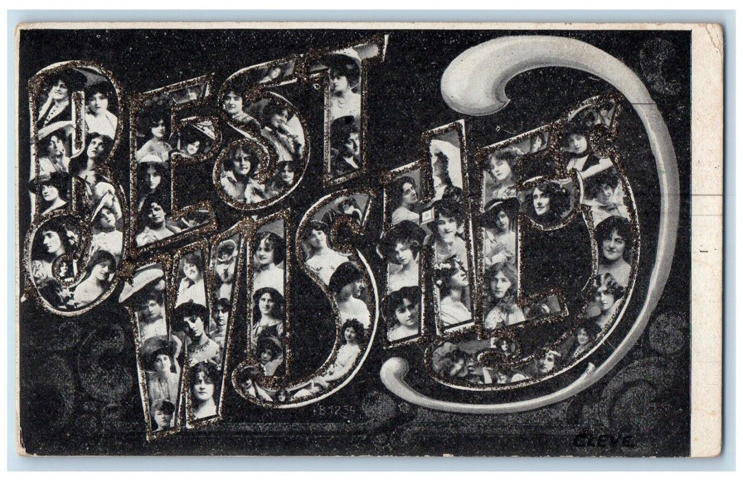 c1905 Best Wishes Large Letters Glitter Posted Antique Postcard