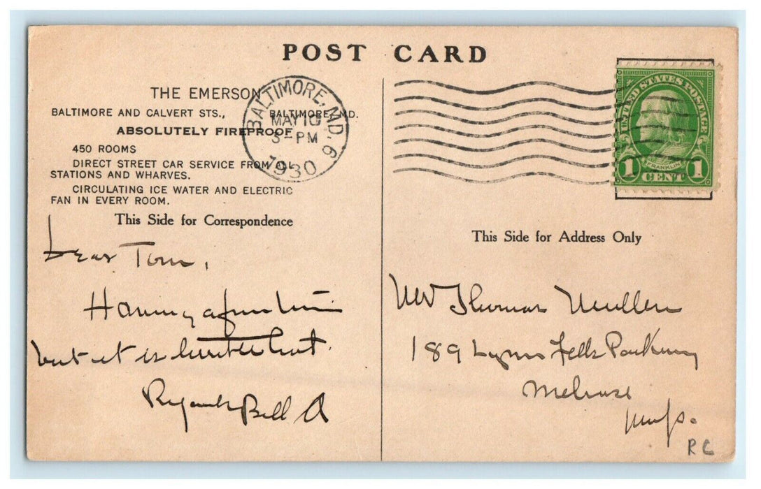 1930 The Emerson Building Street View Cars Baltimore Maryland MD Postcard