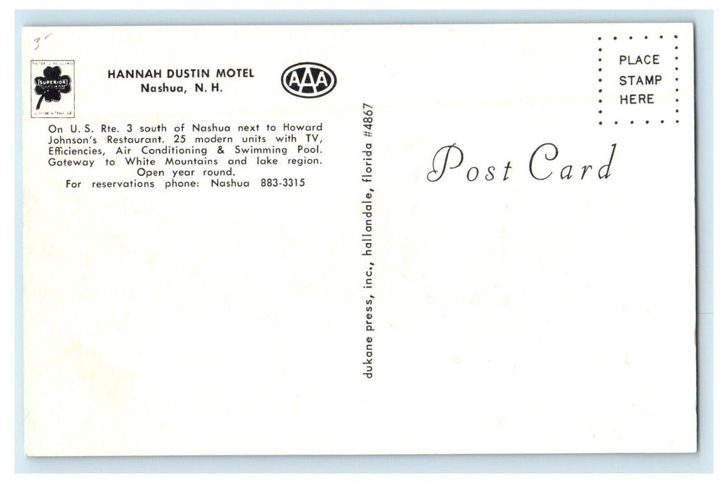 c1970s Hannah Dustin Motel, Nashua New Hampshire NH Unposted Postcard