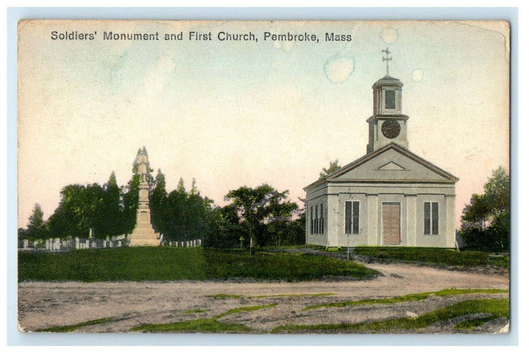 c1914 Soldiers Monument and First Church, Pembroke, Massachusetts MA Postcard