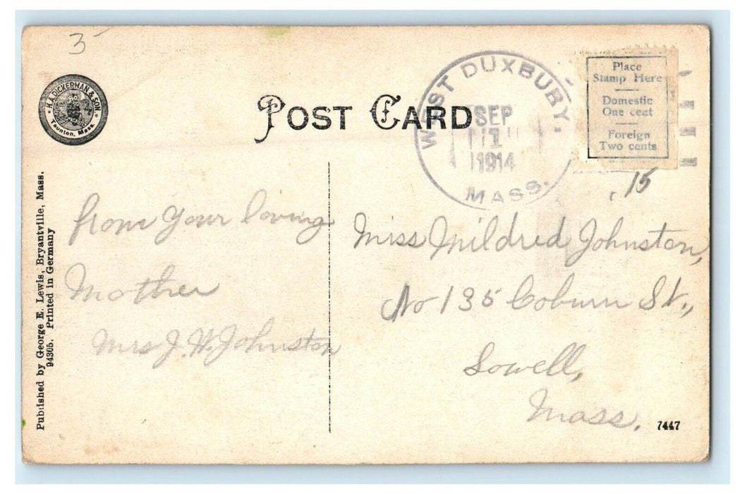 c1914 Soldiers Monument and First Church, Pembroke, Massachusetts MA Postcard