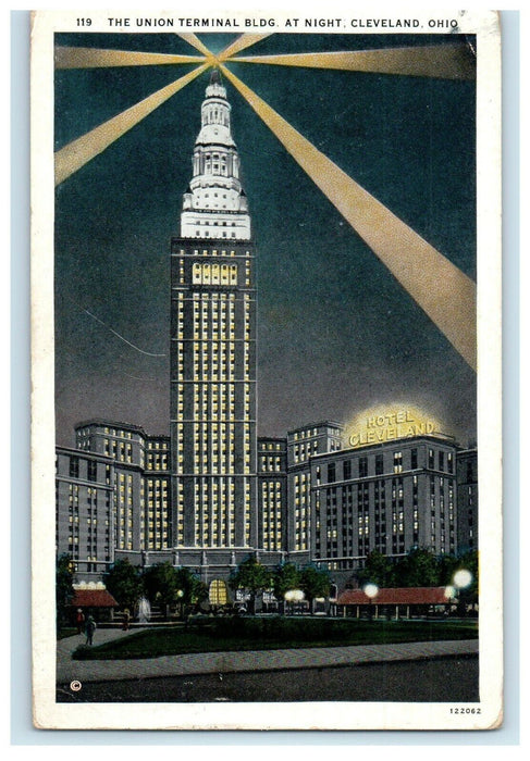 1929 The Union Terminal Building At Night Hotel Cleveland Ohio OH Postcard