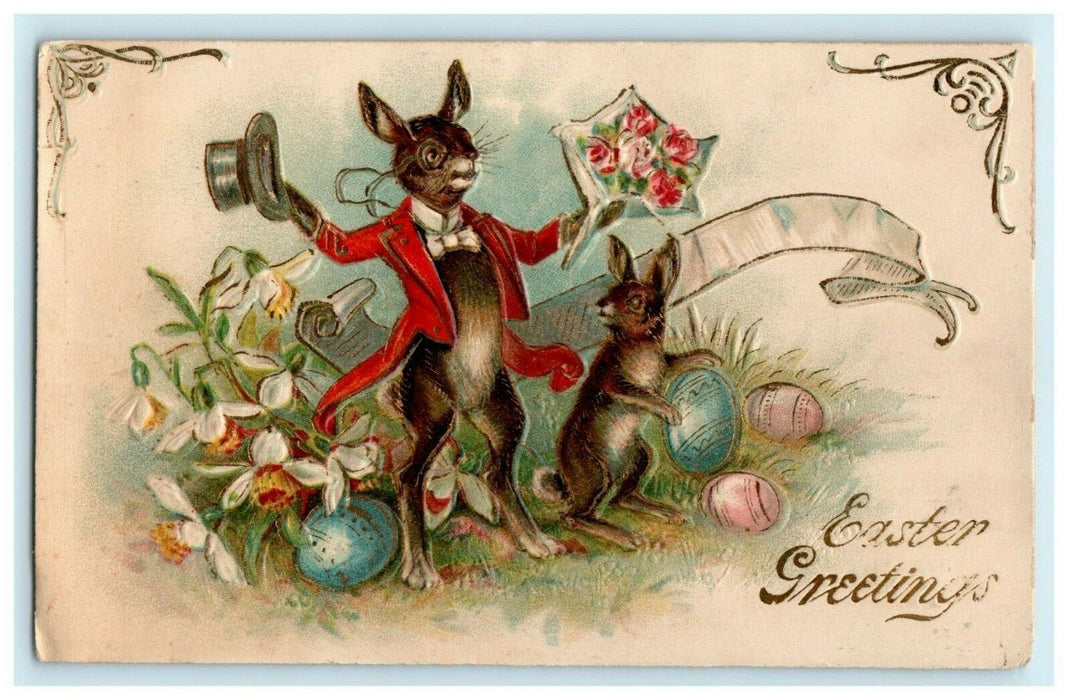 Anthropomorphic Easter Bunny in Suit Top Hat Bouquet Germany 1911 Gold Postcard