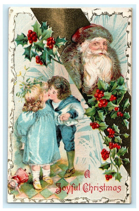 Winsch Back Christmas Santa Children Kissing Boy Girl c1910 Antique Postcard