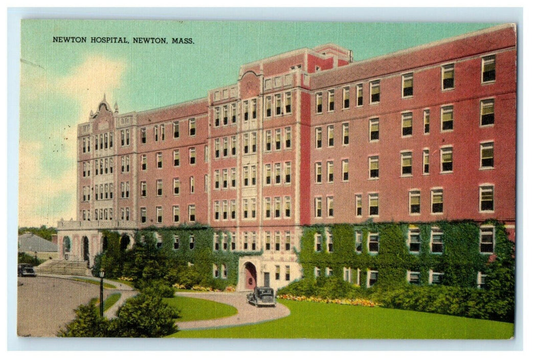 c1930's Massachusetts Newton Hospital Building Car Driveway MA Vintage Postcard