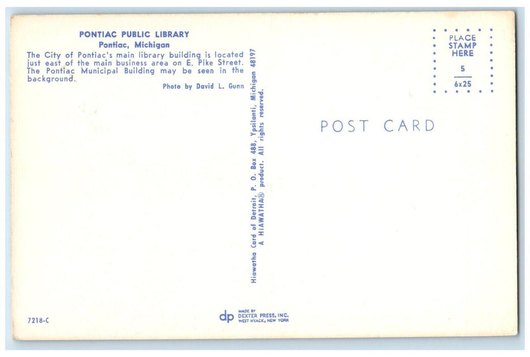 c1960's Pontiac Public Library Pontiac Michigan MI Unposted Vintage Postcard