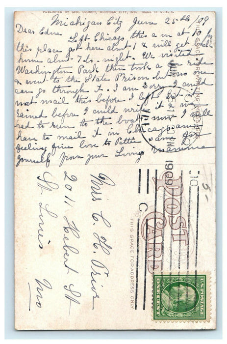 1909 Chicago IL. Indiana State Prison, Michigan City Indiana IN Postcard