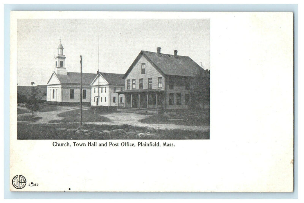 c1905 Church Town Hall and Post Office, Plainfield Massachusetts MA Postcard