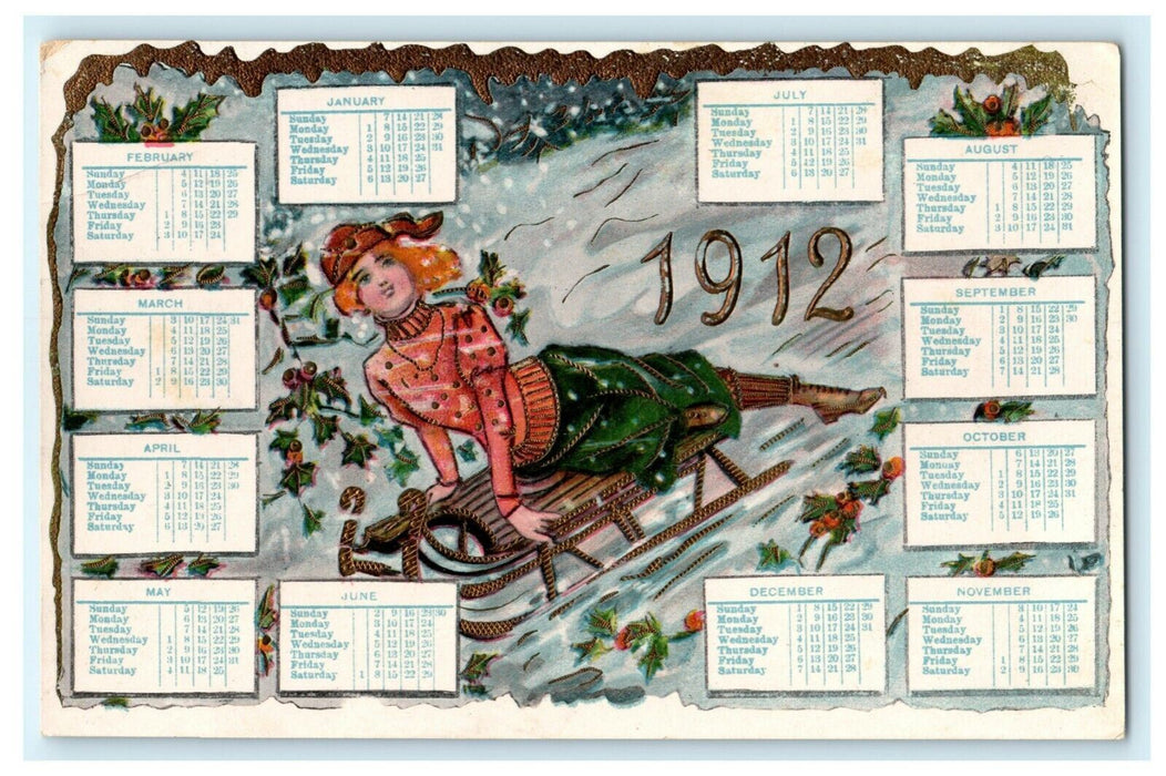 New Year 1912 Girl Sledding in Skirt Mini Calendar Gold Vintage Antique Postcard