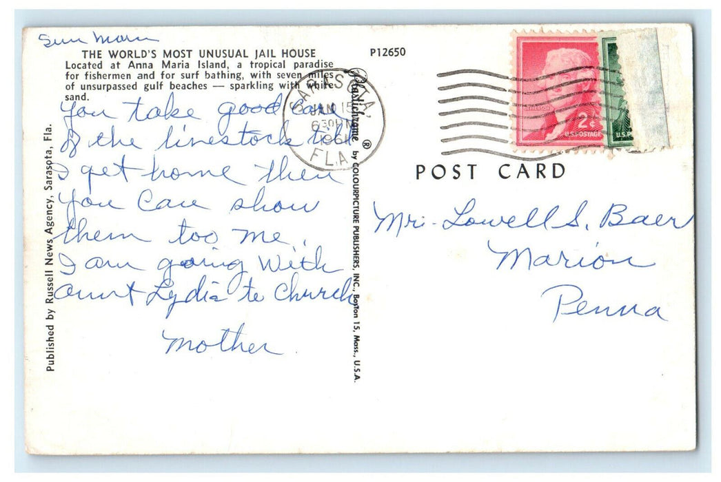 1961 World's Most Unusual Jail, Anna Maria City Jail Florida FL Postcard