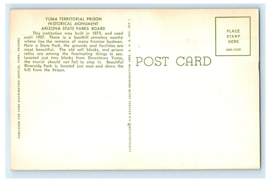 c1960s Yuma Territorial Prison, Arizona State Parks Board Monument Postcard