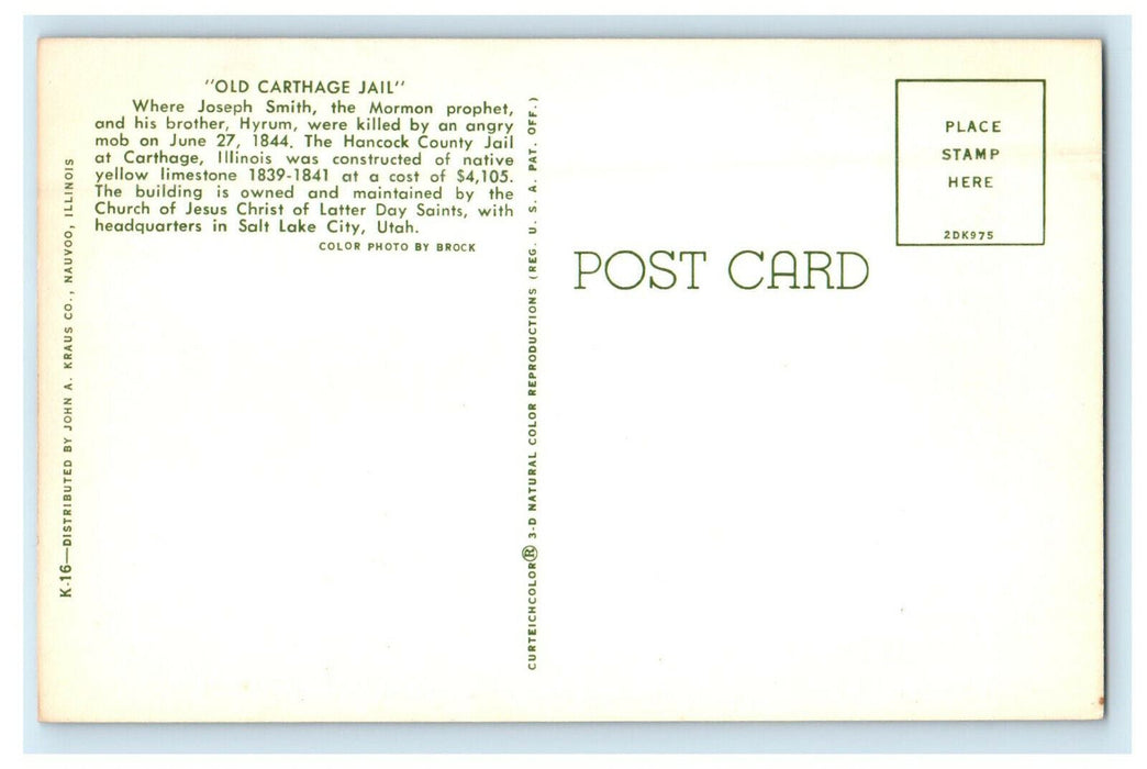 c1930s The Hancock County Jail Old Carthage Jail, Carthage Illinois IL Postcard