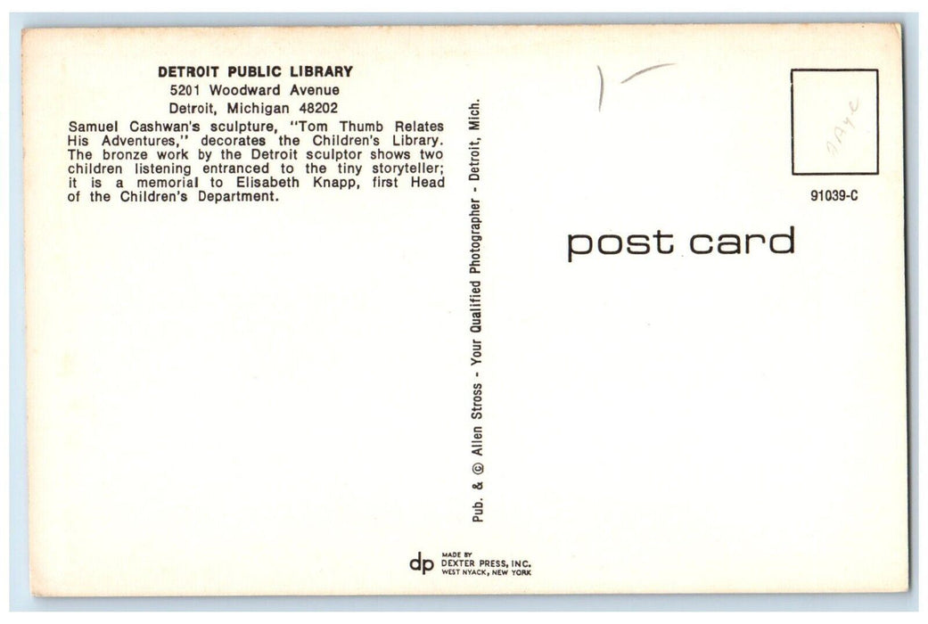 c1960's Sculpture Samuel Cashwan Tomb Thumb Detroit Public Library MI Postcard