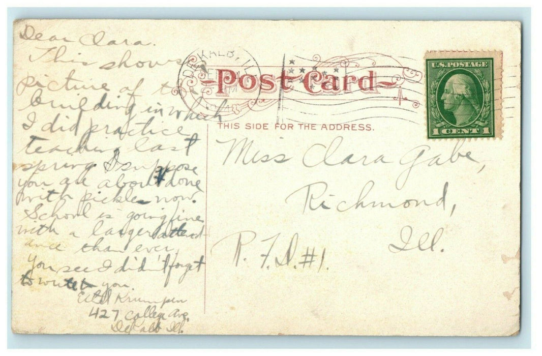 1914 Glidden School DeKalb Illinois IL Teacher Comment Antique Postcard