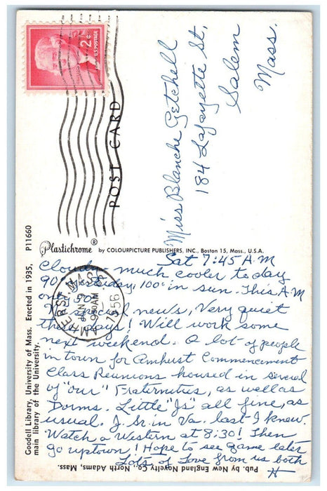 1956 Goodell Library University Massachusetts Amhurst Posted Postcard