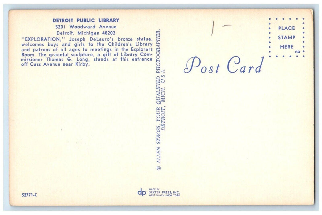 c1960's Exploration Sculpture Statue Detroit Public Library Michigan MI Postcard