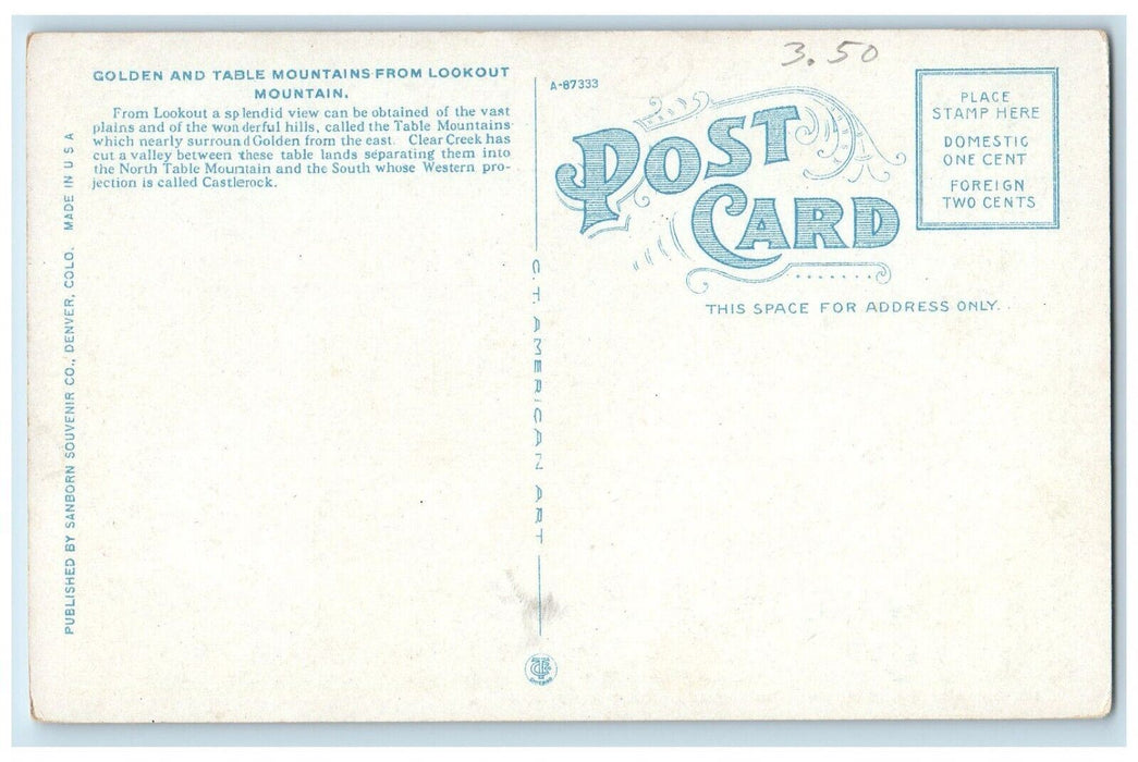 c1920's Golden Table Mountains Lookout Denver Colorado CO Unposted Postcard