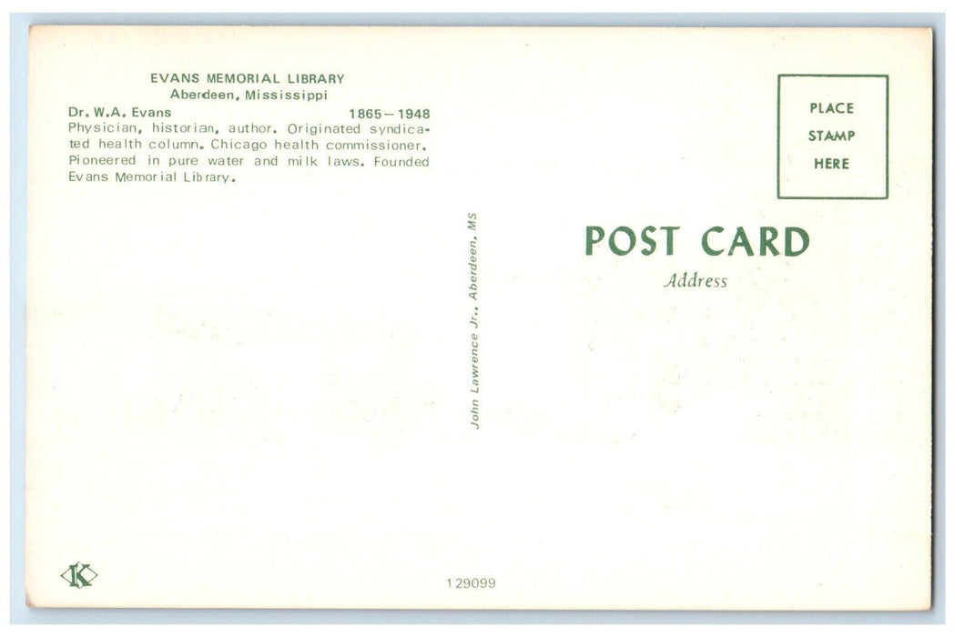 c1960's Evans Memorial Library Aberdeen Mississippi MS Unposted Postcard