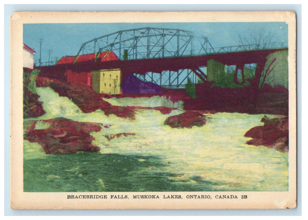 c1950s Bracebridge Falls Muskoka Lakes Ontario Canada Krom-O-Graph Postcard