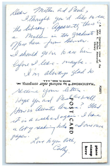 c1960's John Mullen Memorial Library Washington DC Posted Postcard