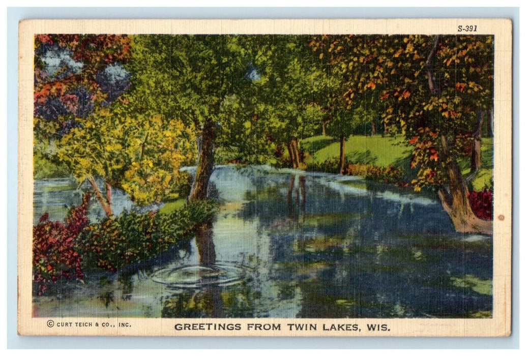 1942 Trees and River Scene, Greetings from Twin Lakes Wisconsin WI Postcard