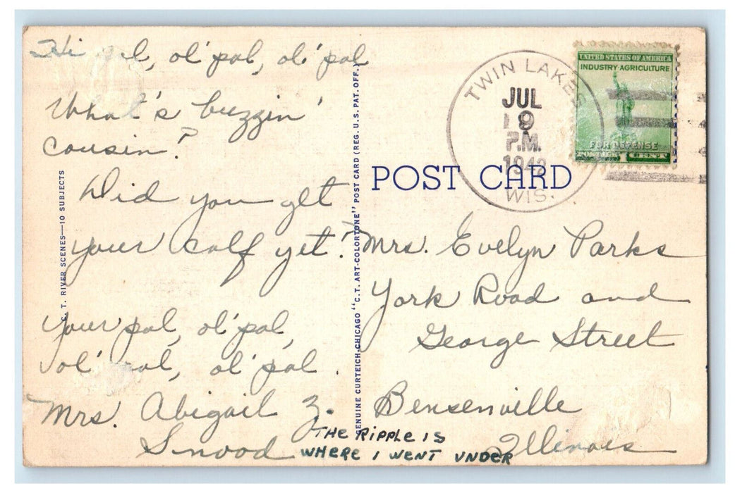 1942 Trees and River Scene, Greetings from Twin Lakes Wisconsin WI Postcard