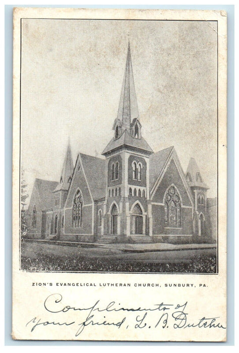 1907 Zion's Evangelical Lutheran Church Sunbury Pennsylvania PA Antique Postcard