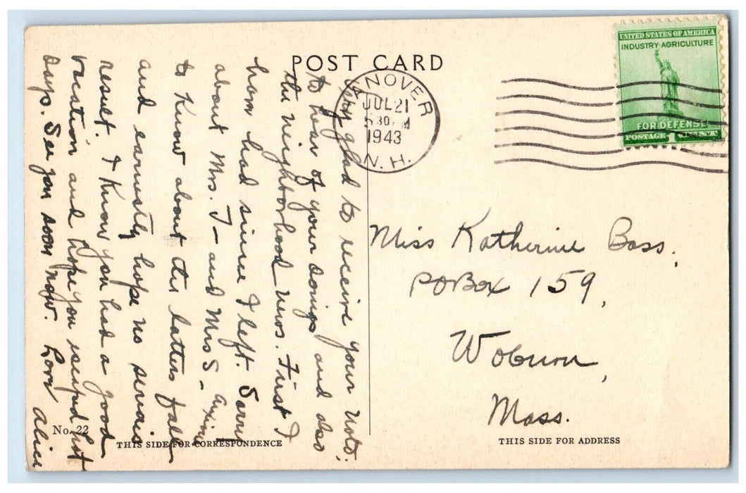 1943 Baker Memorial Library Dartmouth College Hanover New Hampshire Postcard
