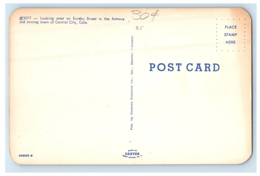 Looking West On Eureka Street Old Mining Town Central City Colorado CO Postcard