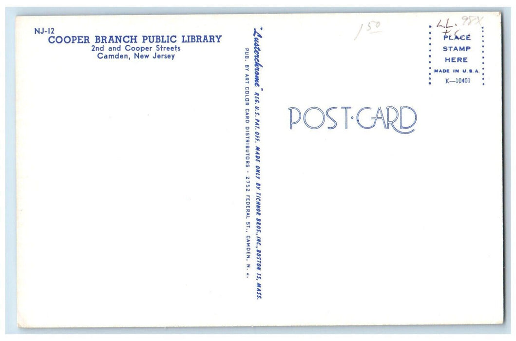 c1960's Cooper Branch Public Library Camden New Jersey NJ Vintage Postcard